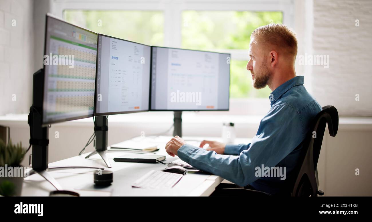Buchhalter mit E-Rechnungssoftware bei Computer in Office Stockfoto