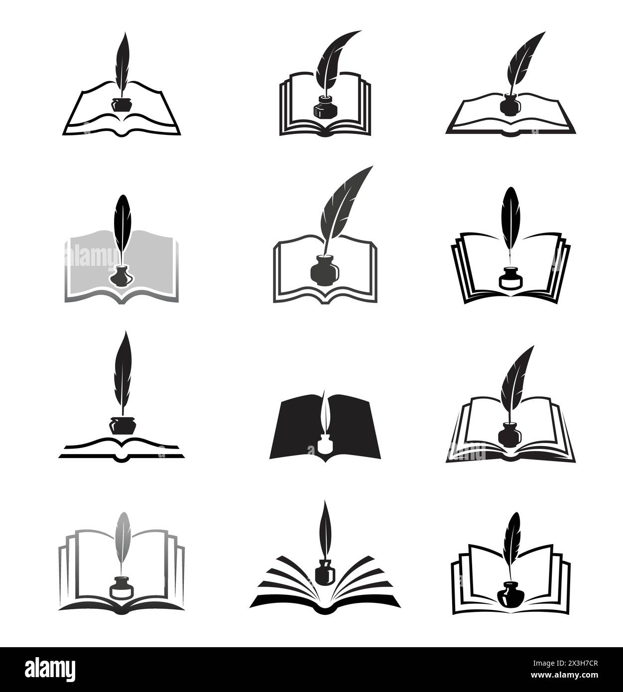 Design-Illustration Für Kreative Bücher, Federn Und Tintenflaschen Mit Logo-Symbolen Stock Vektor