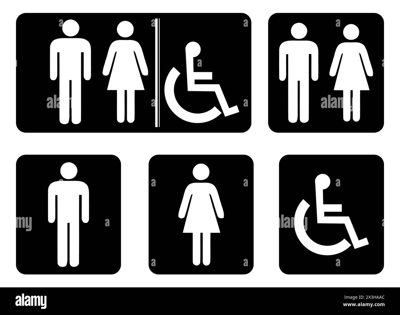 Waschzimmerschild - Toiletten-Symbol. Symbol für männliche Waschräume, Kollektion für weibliche Waschräume in schwarzem Hintergrund, Zeichnung nach Illustration Stockfoto