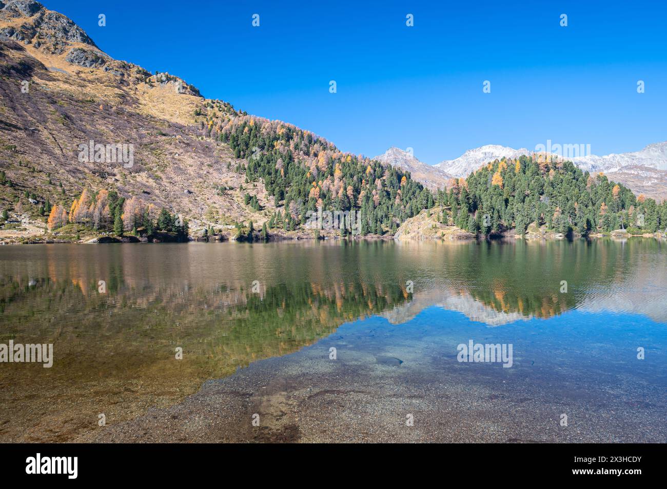 Wunderschöner Blick auf den Cavloc-See in der Nähe des Maloja-Gebirgspasses in der Schweiz. Stockfoto