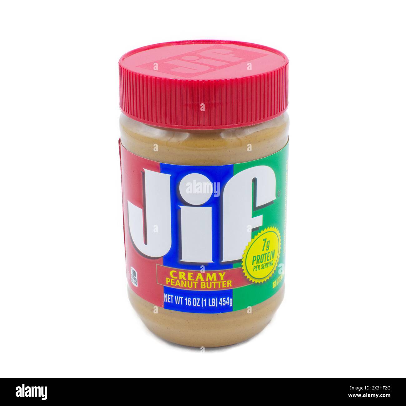 Ocala, Florida, 22. März 2024 Bild von einem Glas Jif creamy Peanut Butter. JIF ist eine Marke von Erdnussbutter, hergestellt von der J.M. Smucker Company und Debüt i Stockfoto