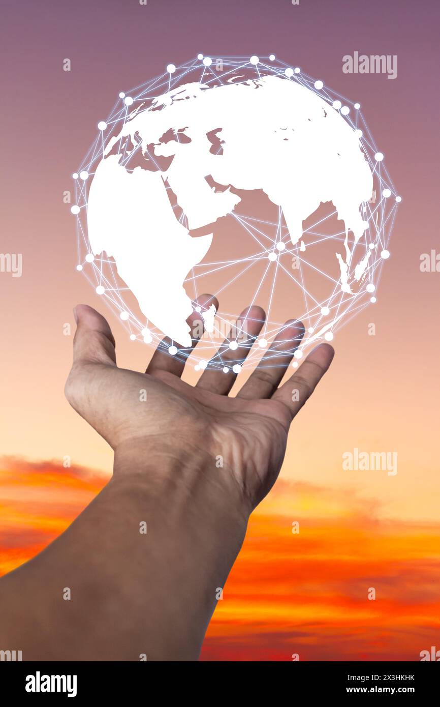 Zeitalter der Technologie Menschen, Nutzung von Technologie in der Neuzeit, Interconnection by Internet Network, Kommunikation mit dem Internet, Kommunikation w Stockfoto