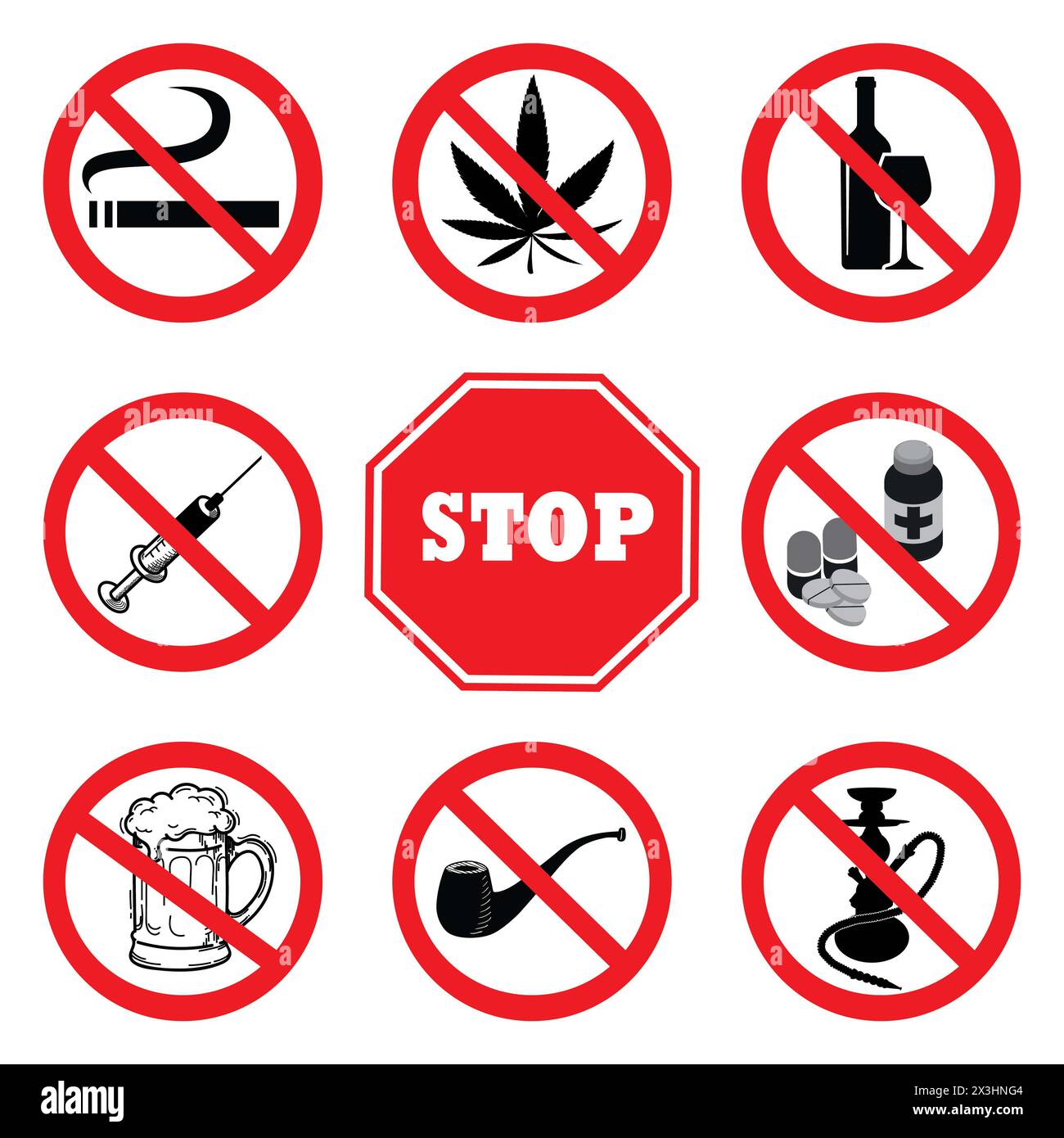 Stoppen Sie Drogen. Arzneimittelprohibition Sign Collection. Kein Rauchen, kein Marihuana, keine Tabakpfeife, kein Alkohol, kein Bier, kein Pillen-Zeichen, keine Shisha-Symbole Stockfoto