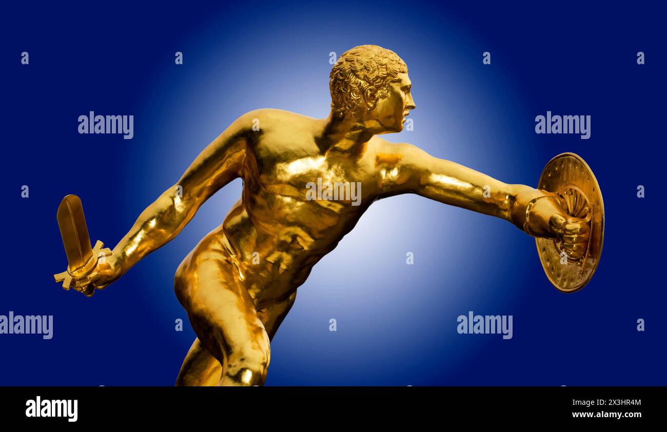 Griechischer Krieger, vergoldete Statue, Herrenhausener Garten, Hannover, Niedersachsen, Deutschland, Europa, digital verändert Stockfoto
