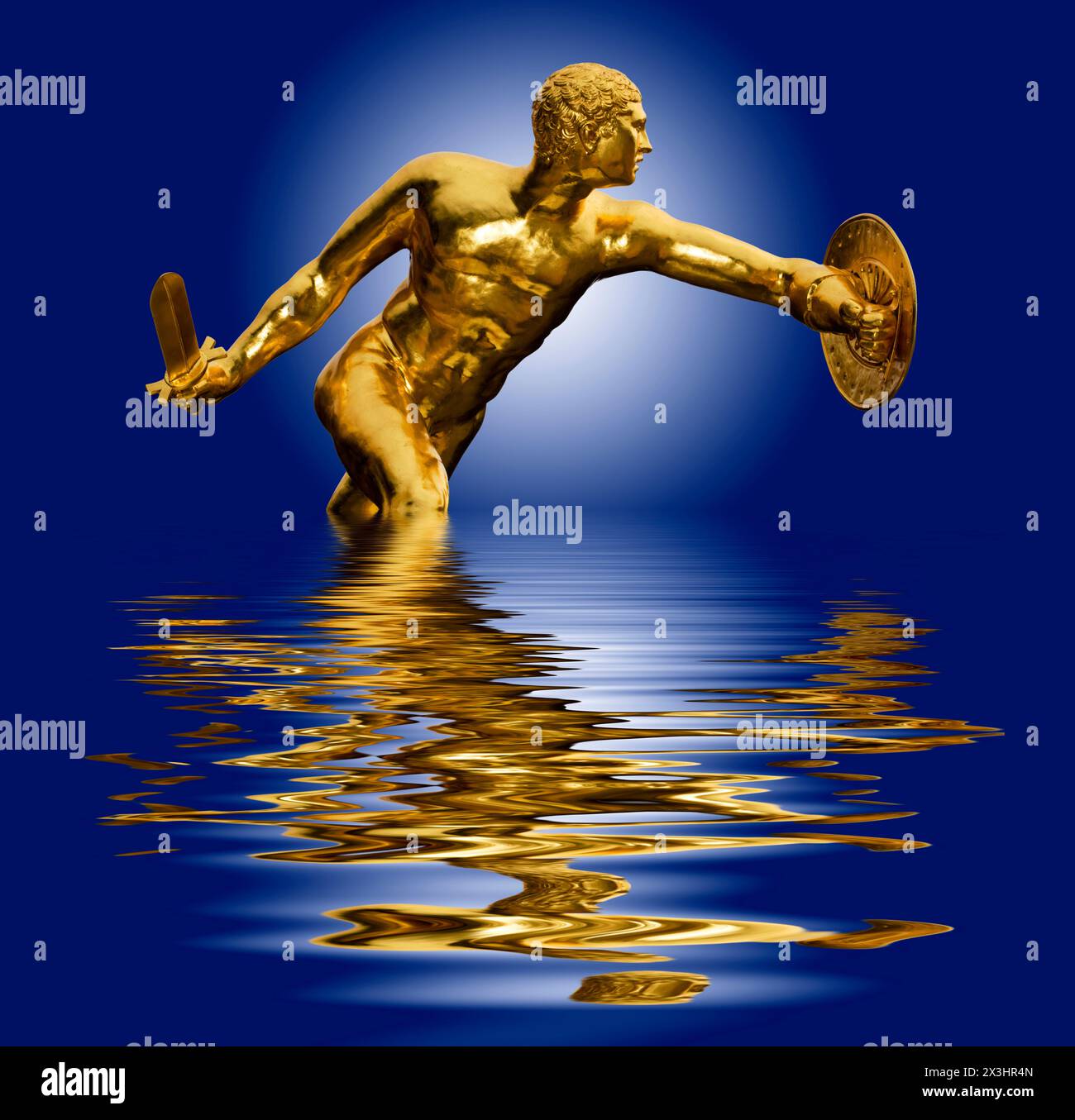 Griechischer Krieger, vergoldete Statue, Herrenhausener Garten, Hannover, Niedersachsen, Deutschland, Europa, digital verändert Stockfoto