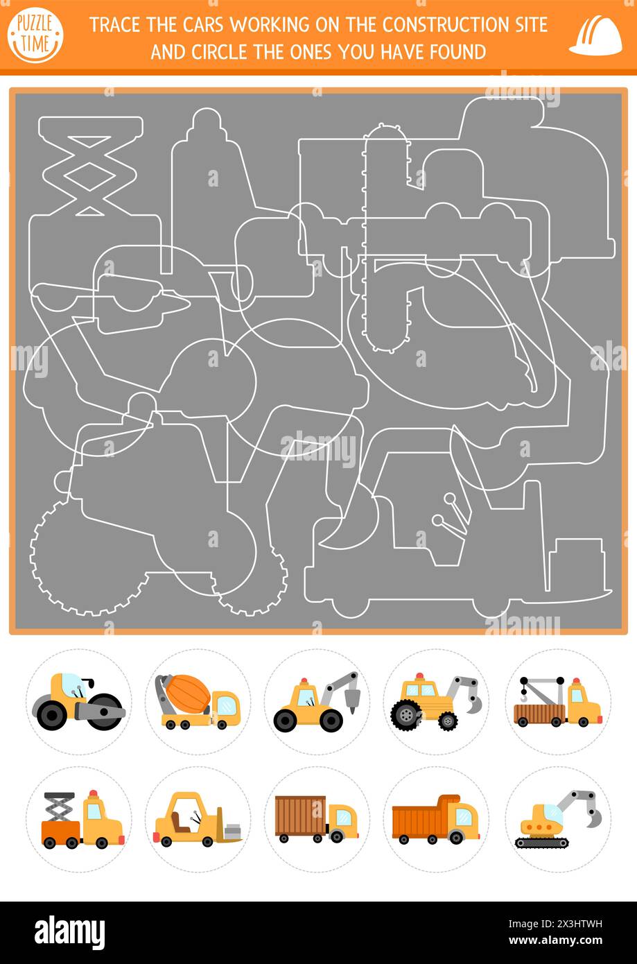Baustellenverfolgung, Form- und Linienerkennung mit Industriefahrzeugen. Bauwerkrätsel mit weißen Lkw-Konturen. Suchen und cir Stock Vektor
