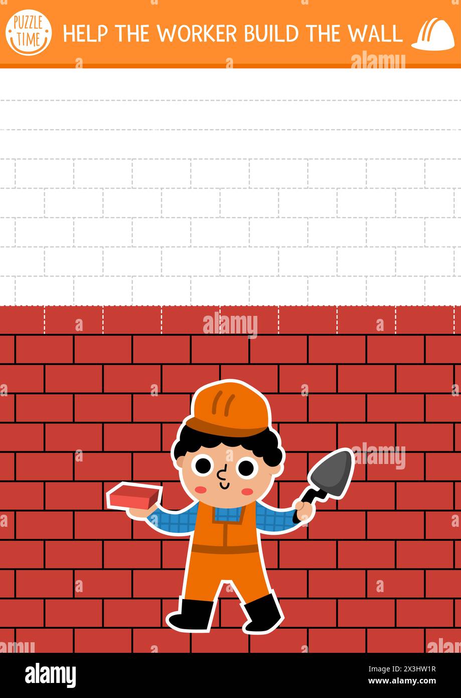 Übung zum Zeichnen und Schreiben auf der Baustelle mit dem Bauherren. Bauarbeiten Puzzle. Druckbares Arbeitsblatt, Spiel für Kinder mit rechteckiger Form t Stock Vektor
