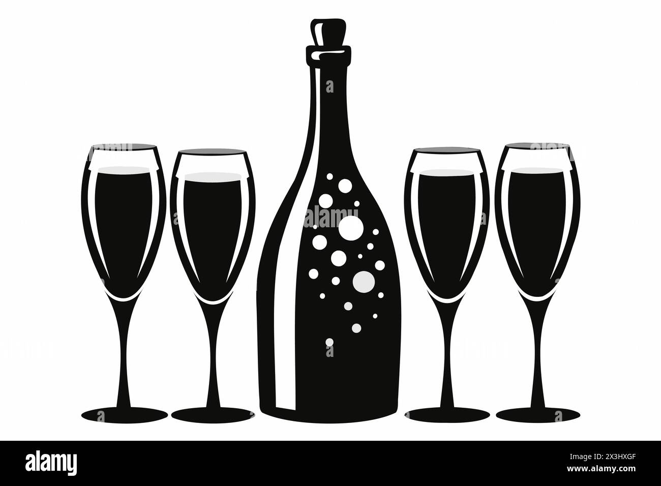 Silhouette einer Champagnerflasche mit vier Gläsern. Schwarz-weiße grafische Illustration isoliert auf weißem Hintergrund minimalistisches Design. Das Konzept der Cele Stock Vektor