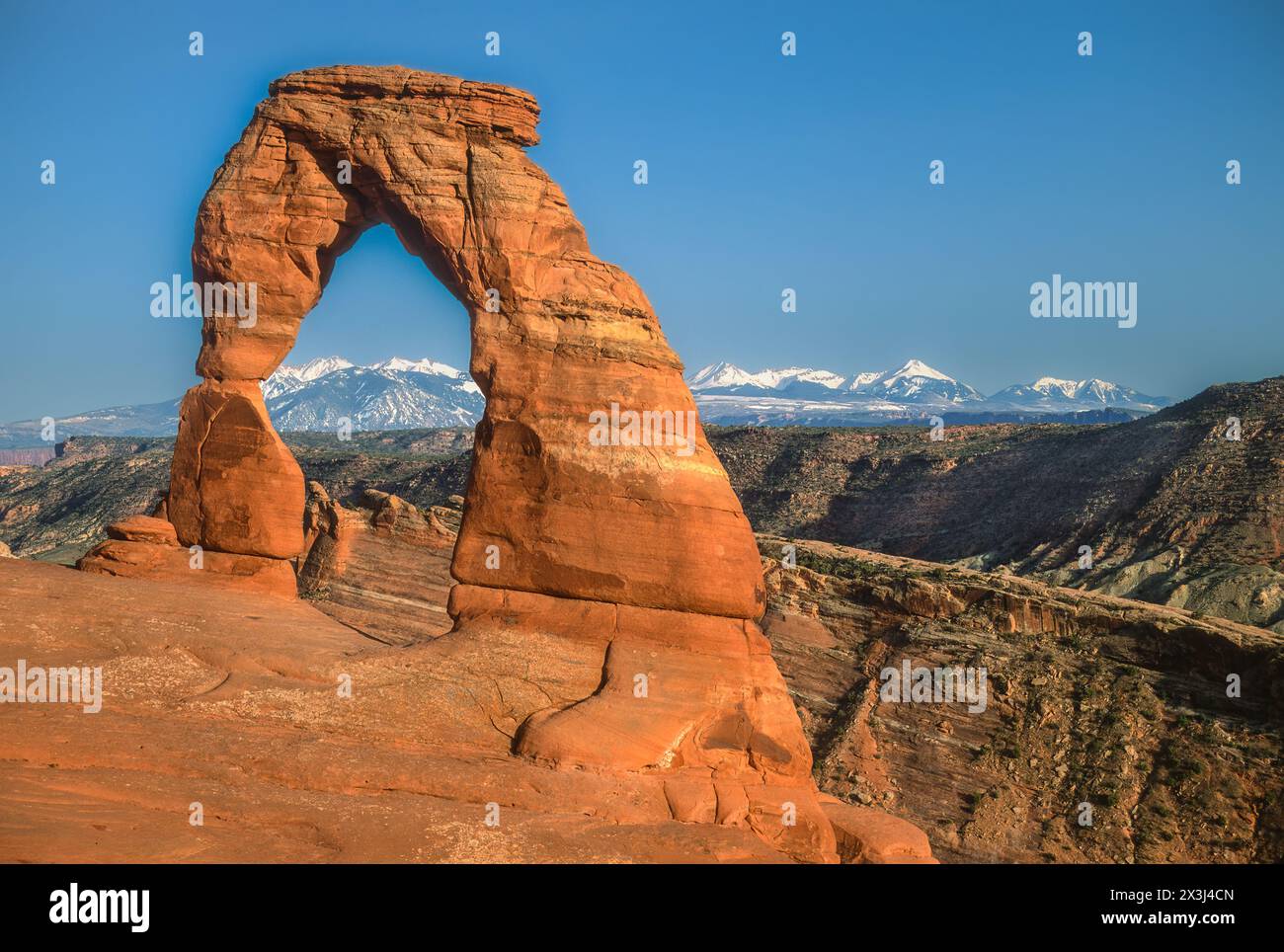 Arches National Park, Utah. Filigraner Bogen La Sal Berge im Hintergrund. Stockfoto