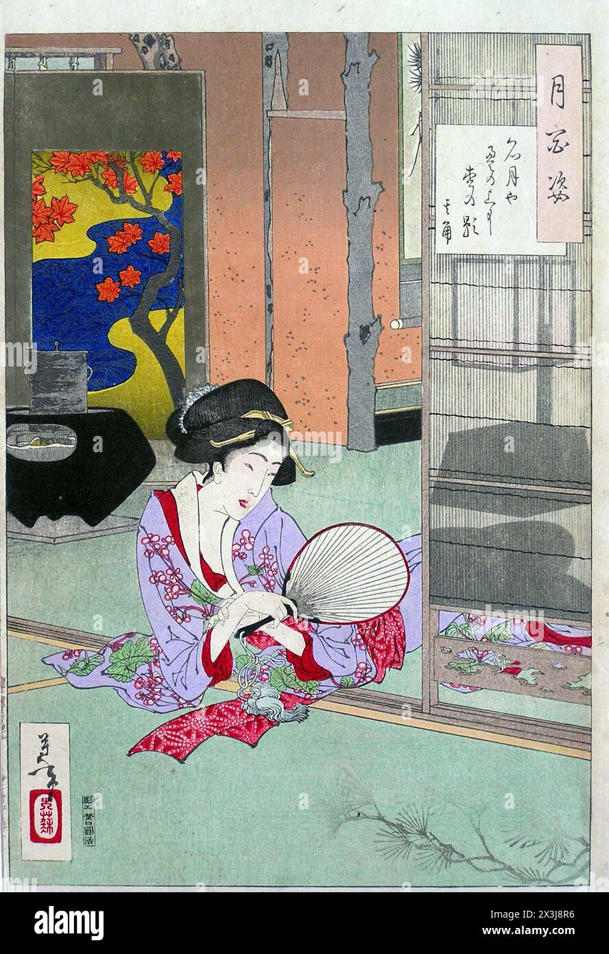 Tsukioka Yoshitoshi Holzschnitt aus der Serie „One Hundred Aspects of the Moon“, 1885-1882 - Japanische Zeichnung Illustration Stockfoto