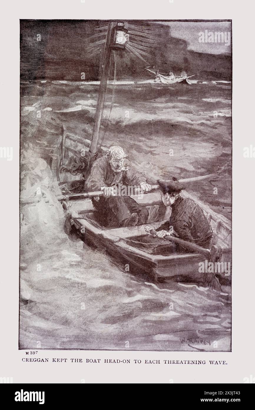 Illustrative Platte aus dem Naval Cadet von Gordon Stables um 1898. Illustration von William Rainey. Zeigt einen alten Mann und einen Jungen, der Überlebende rettet. Stockfoto