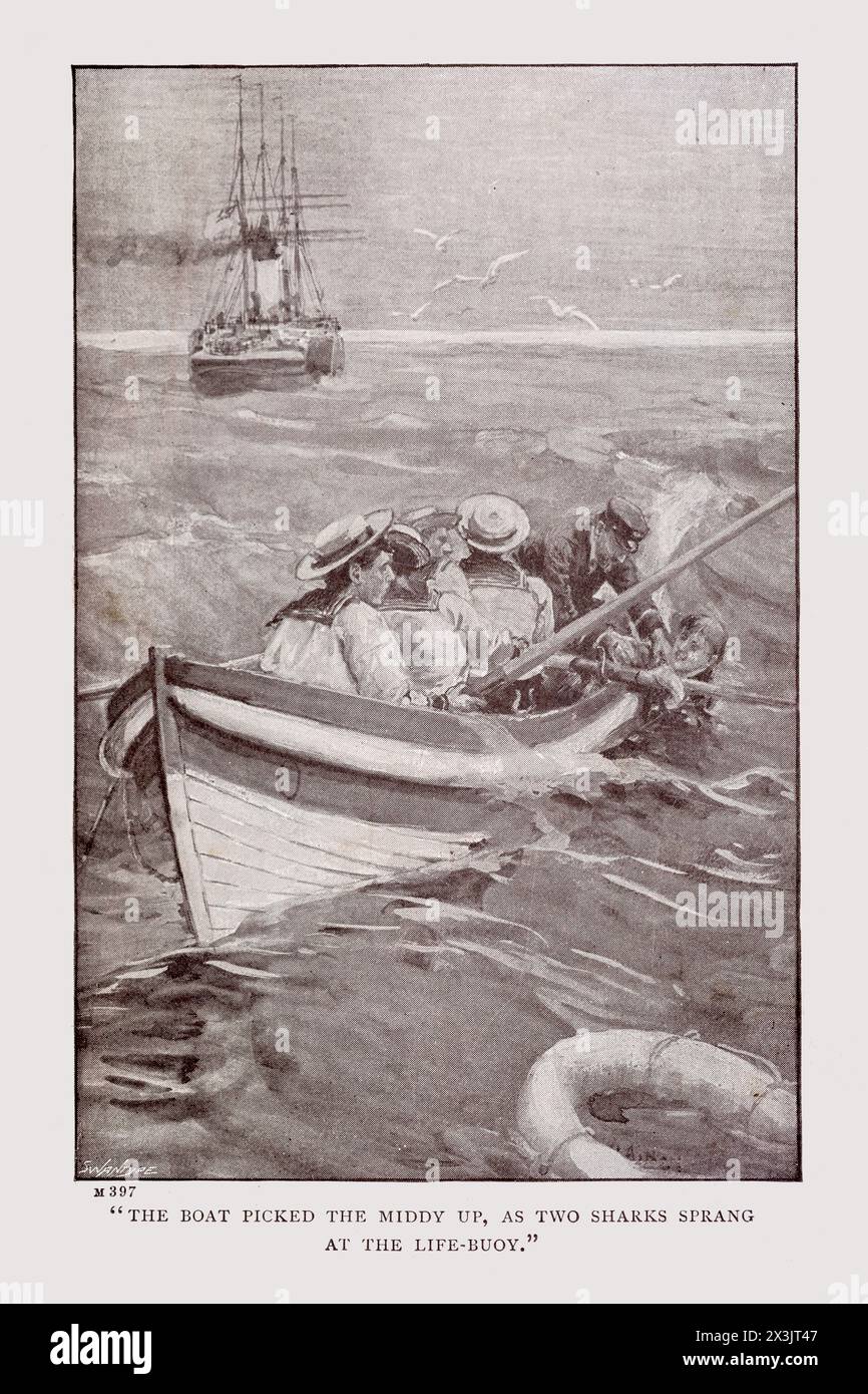 Illustrative Platte aus dem Naval Cadet von Gordon Stables um 1898. Illustration von William Rainey. Zeigt Seeleute, die einen Kadett aus dem Meer retten. Stockfoto