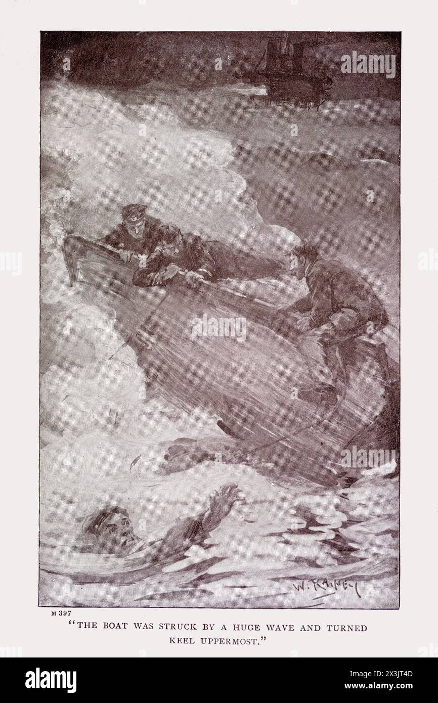 Illustrative Platte aus dem Naval Cadet von Gordon Stables um 1898. Illustration von William Rainey. Zeigt Seeleute, die sich an einem umgedrehten Boot festhalten. Stockfoto