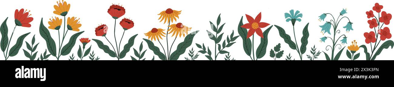 Horizontales weißes Banner oder floraler Hintergrund mit wunderschönen bunten Blumen- und Blattrand. Botanischer Flachvektor der Feder Stock Vektor