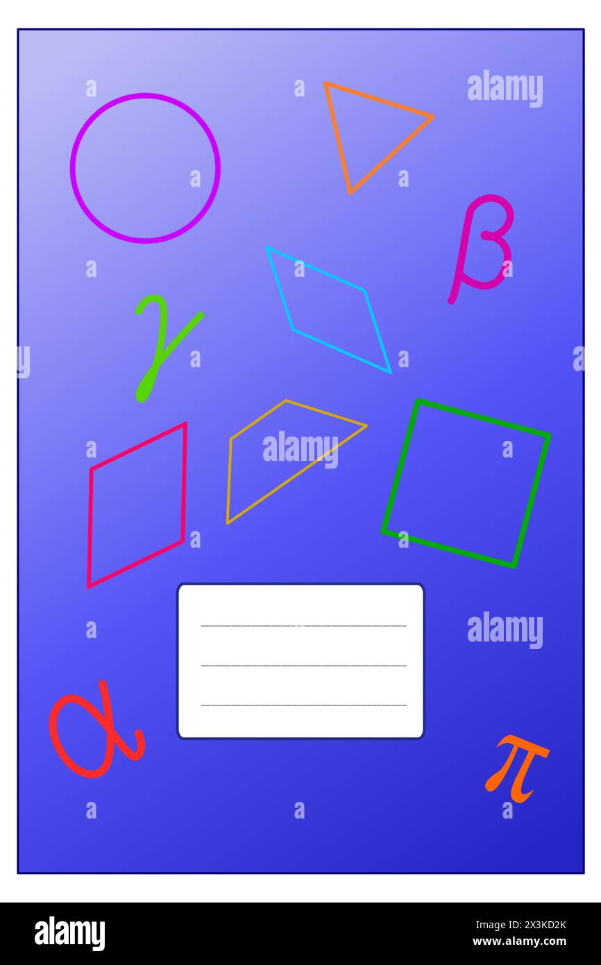 Das blau-violette Schulbuch mit mathematischen Mustern und griechischen Buchstaben Stock Vektor