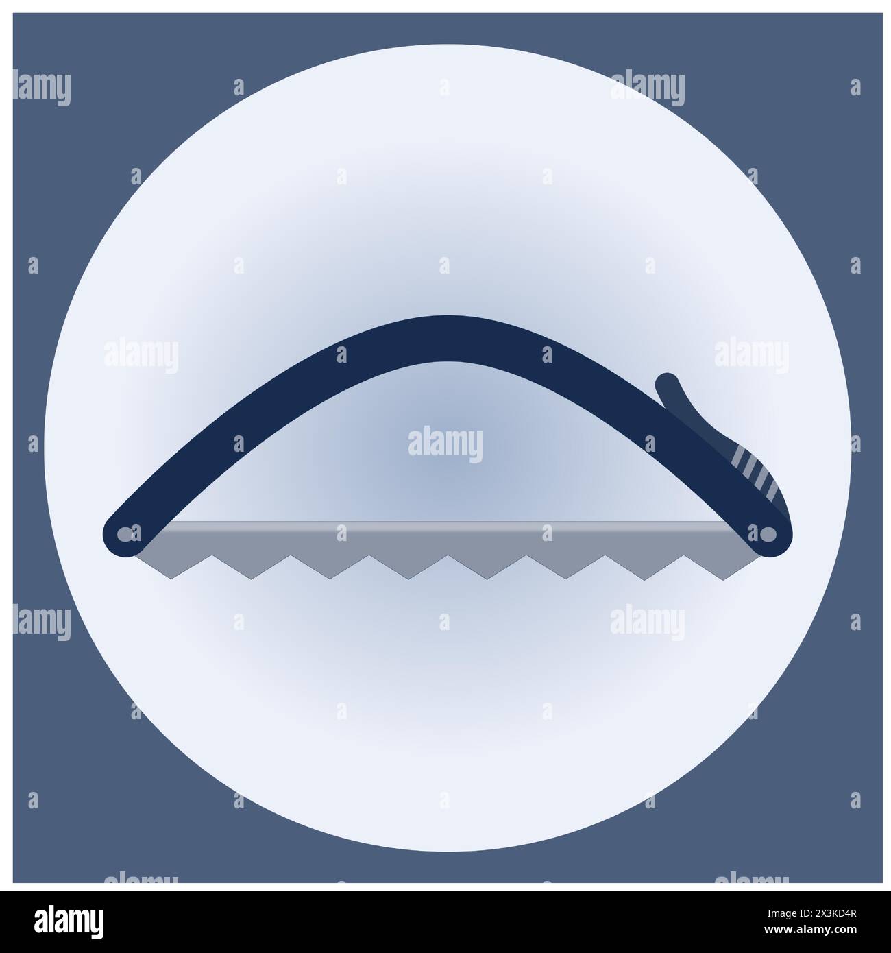 Das Symbol einer bogenförmigen Handsäge mit einem dunkelblauen Rahmen in einem blau-grauen quadratischen Rahmen mit einem Kreis Stock Vektor