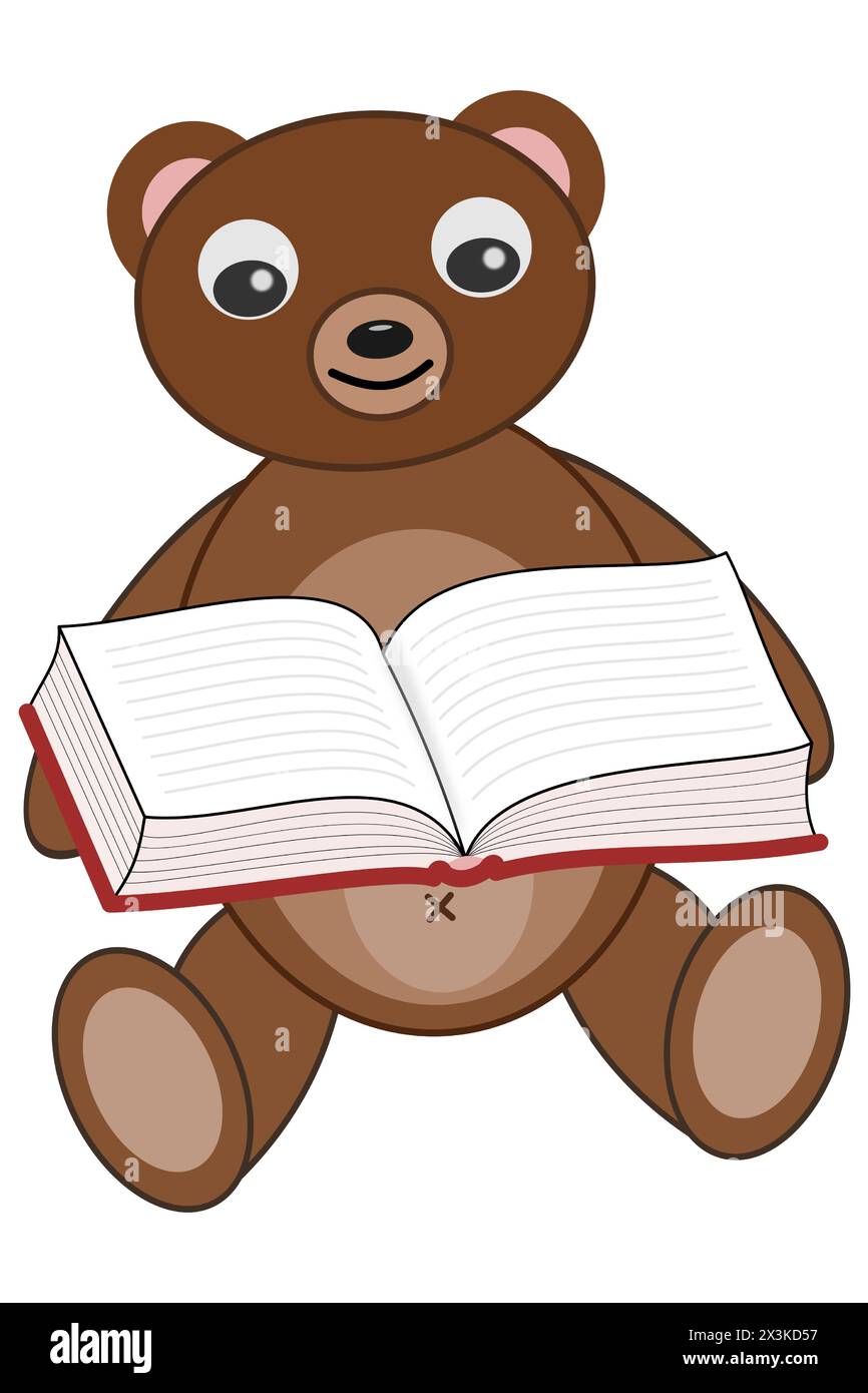 Der braune sitzende Teddybär liest ein Buch mit rotem Umschlag Stock Vektor