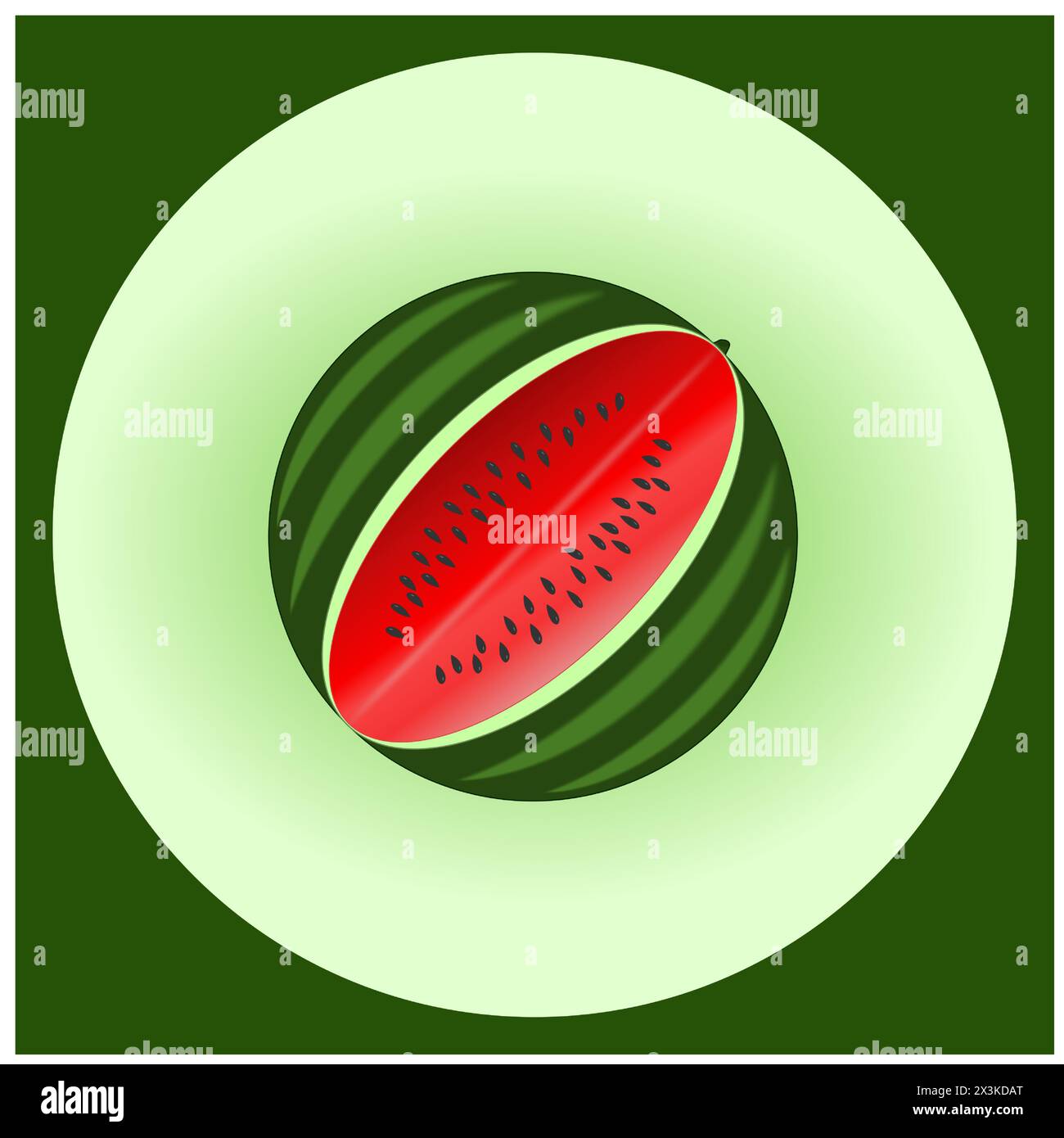 Die reife Wassermelone mit Schale und schwarzen Samen, in der Mitte in einem grünen quadratischen Rahmen mit einem Kreis geschnitten Stock Vektor