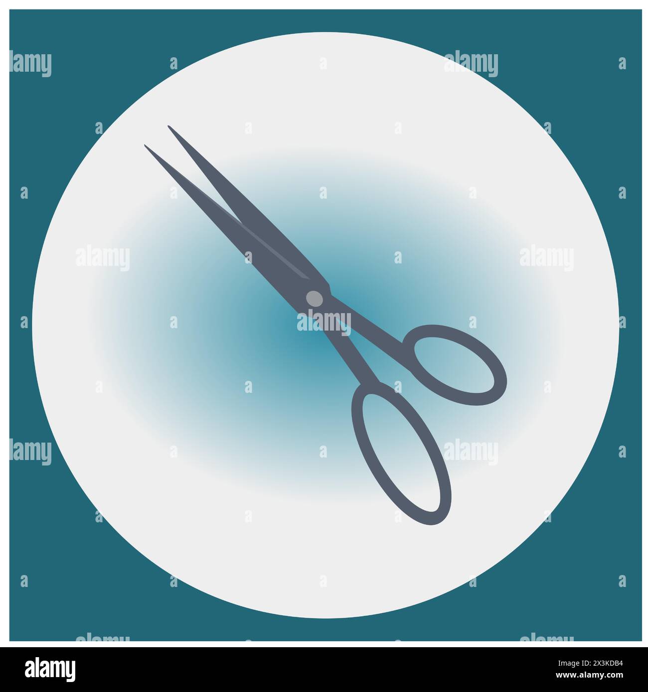 Das Symbol der grauen Friseurschere in einem blauen quadratischen Rahmen mit einem Kreis Stock Vektor