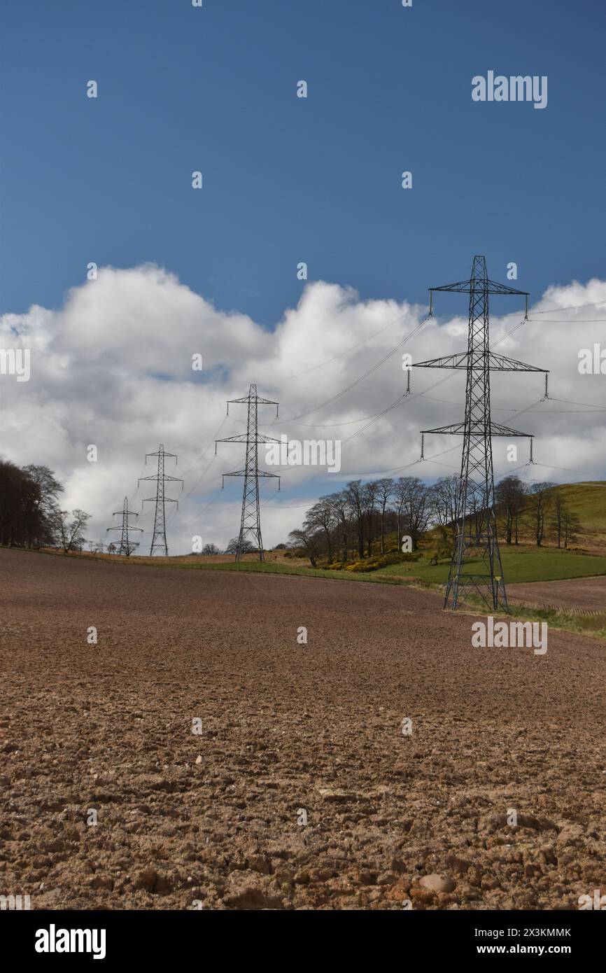 Pylonen führen die 275 kV-Freileitung über Felder zwischen Castle Hill und Clune Hill in der Angus-Landschaft nördlich von Kirriemuir, Schottland. Stockfoto