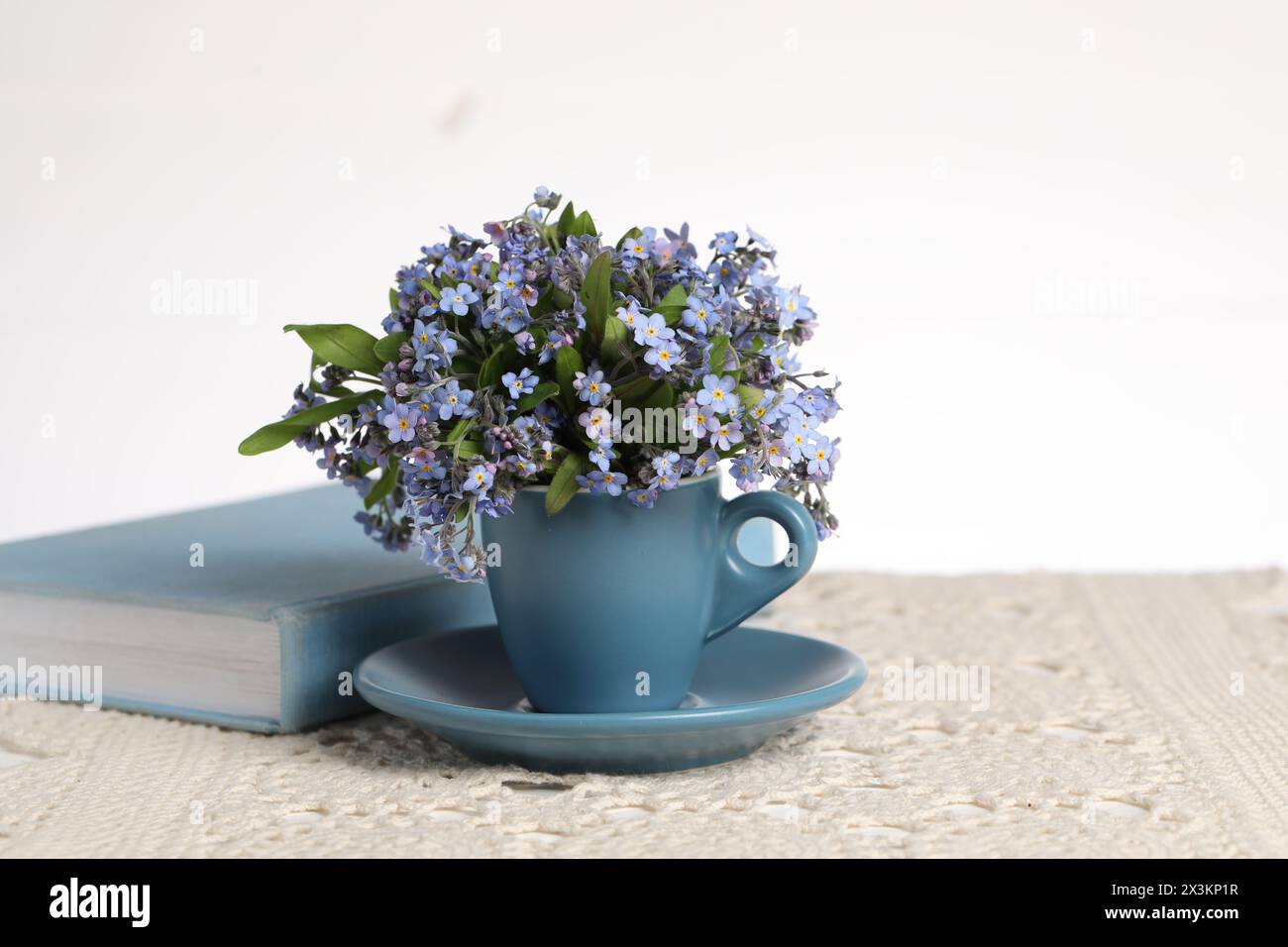 Schöne Vergissmeinnicht-Blumen in Tasse, Buch und Häkeltischdecke auf Tisch vor weißem Hintergrund, Nahaufnahme Stockfoto