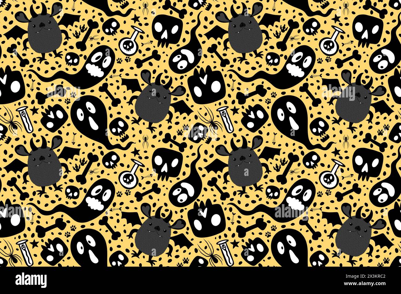 Halloween-Cartoon-Monster nahtlos Geister und Knochen und Giftmuster für Geschenkpapier und Stoffe und Kinderkleidung Textilien und Oktober-Druck und Stockfoto