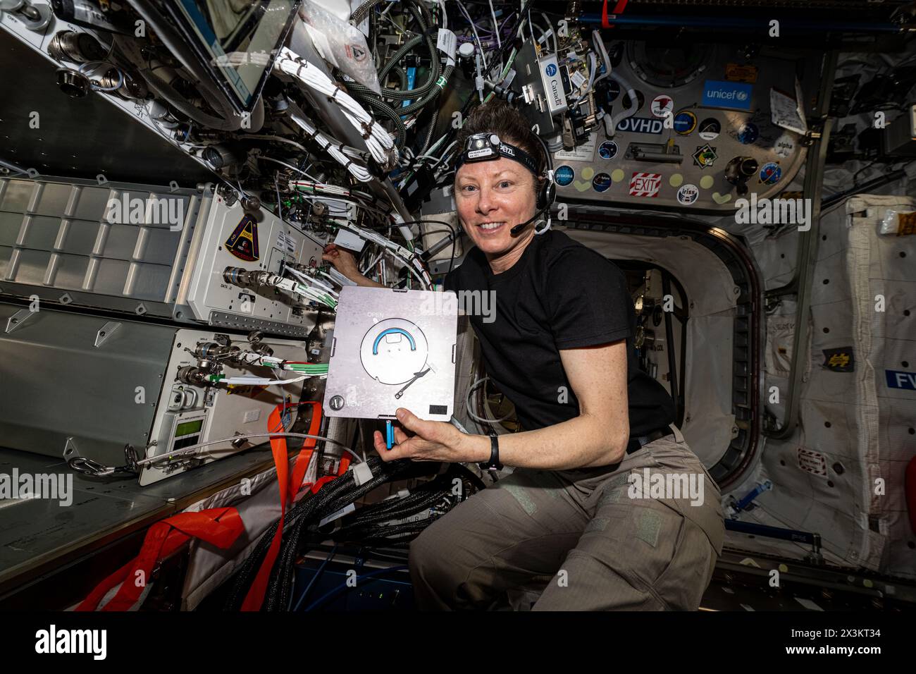 Internationale Raumstation, Erdumlaufbahn. April 2024. Der NASA-Astronaut und Expedition 71 Flight Engineer Tracy Dyson betreut Komponenten und reinigt Hardware im Advanced Space Experiment Processor, einem Forschungsgerät, das eine Vielzahl von Weltraumbiologie-Experimenten beherbergen kann. Das Gerät befindet sich im Columbus-Labor der Internationalen Raumstation am 23. April 2024 in der Erdumlaufbahn. Quelle: Astronaut bereitgestellt/NASA/Alamy Live News Stockfoto