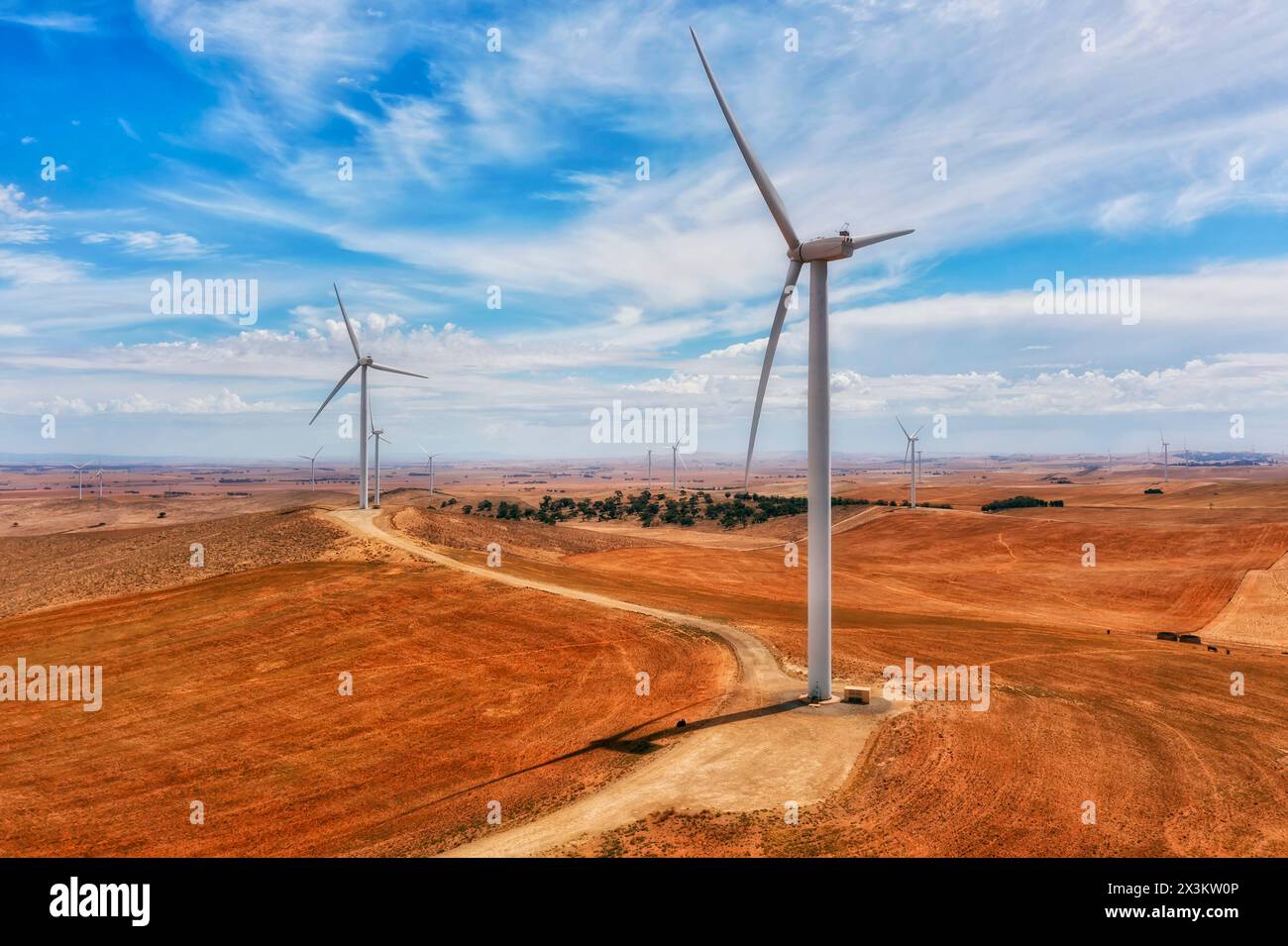 Riesige Windmühlenturbinen erzeugen Strom im abgelegenen südaustralischen Outback. Stockfoto