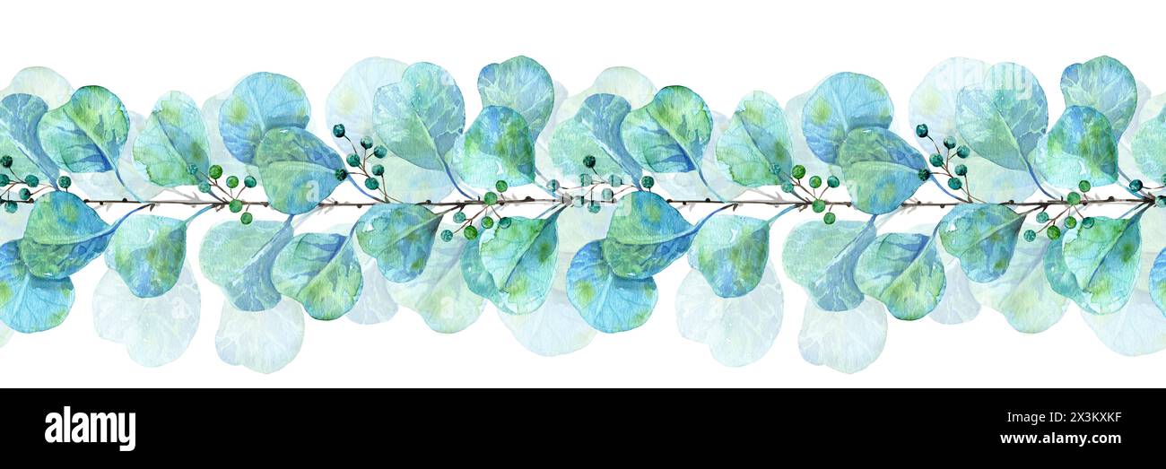 Eukalyptuszweig mit Herd in Aquarellfarbe gezeichnet, nahtloses Muster, für Karten, Text, Tapeten Stockfoto