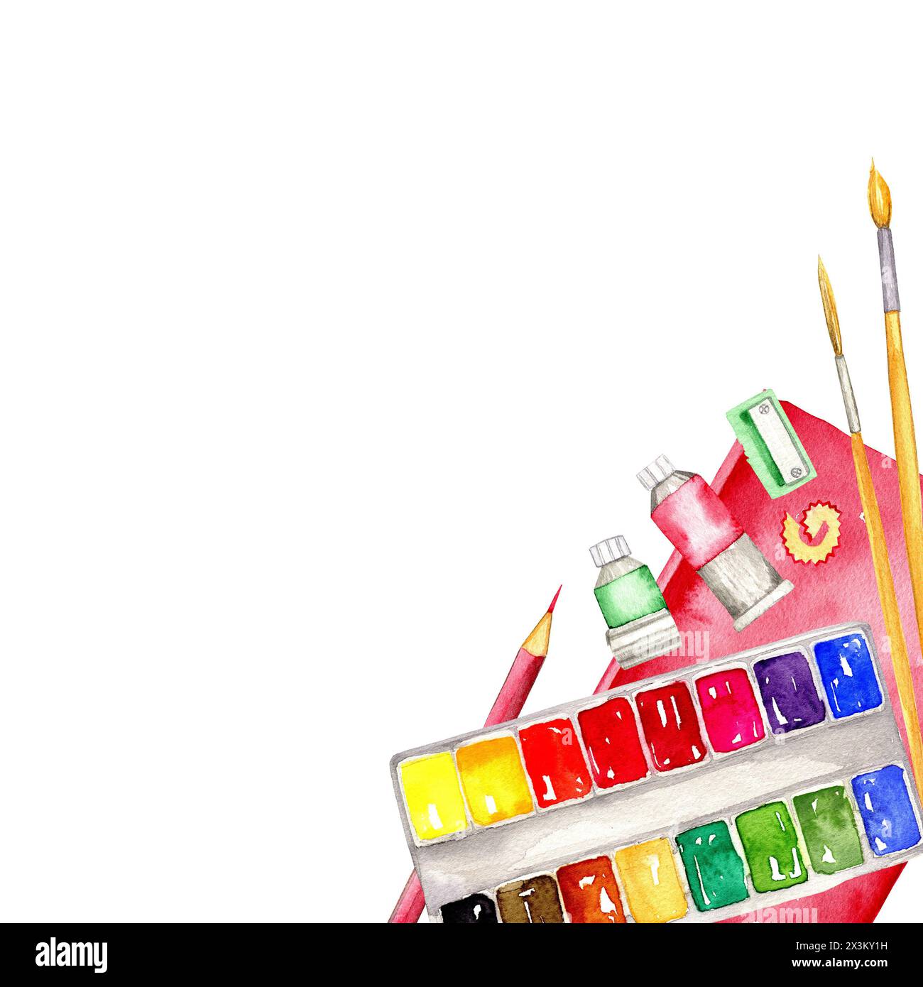 Set mit Aquarellfarben mit Pinsel, Bleistift, rotem Skizzenbuch und Tuben, mit Blatt Papier Stockfoto