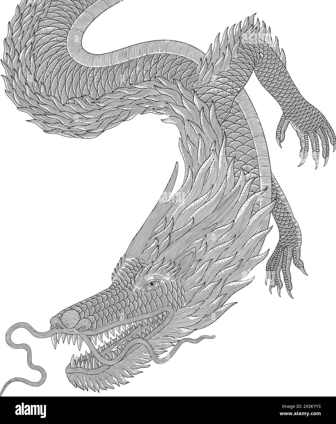 Japanischer Drachen Vektor Vintage Gravur Zeichnungsstil Illustration Stock Vektor