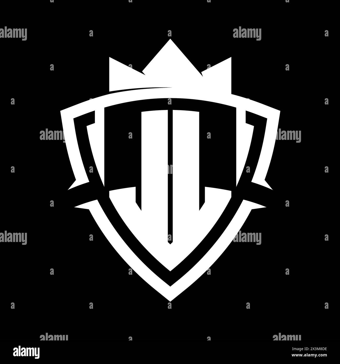 Auffälliges Monogramm JL Letter mit dreieckiger Kurvenschildform mit kronenweißem und schwarzem Hintergrund Stockfoto
