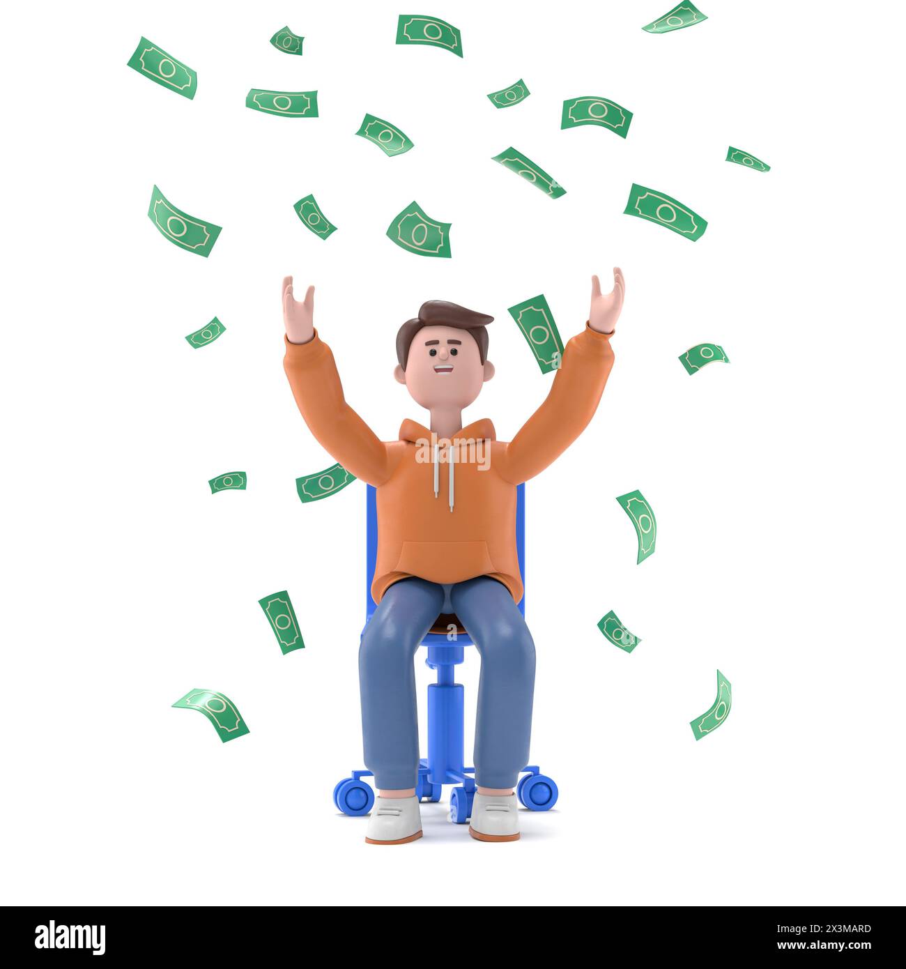 3D-Illustration des lächelnden männlichen Guy Qadir feiert den Erfolg, der in einem Bürostuhl unter fallenden Geldregenscheine sitzt. 3D-Rendering auf weißem Hintergrund Stockfoto
