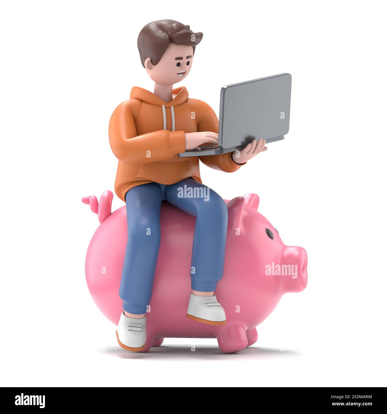 3D-Illustration des männlichen Guy Qadir sitzend mit Laptop-Notebook auf Piggy Bank Fonds isoliert auf weißem Hintergrund 3D-Illustration. 3D Personensammlung. Stockfoto