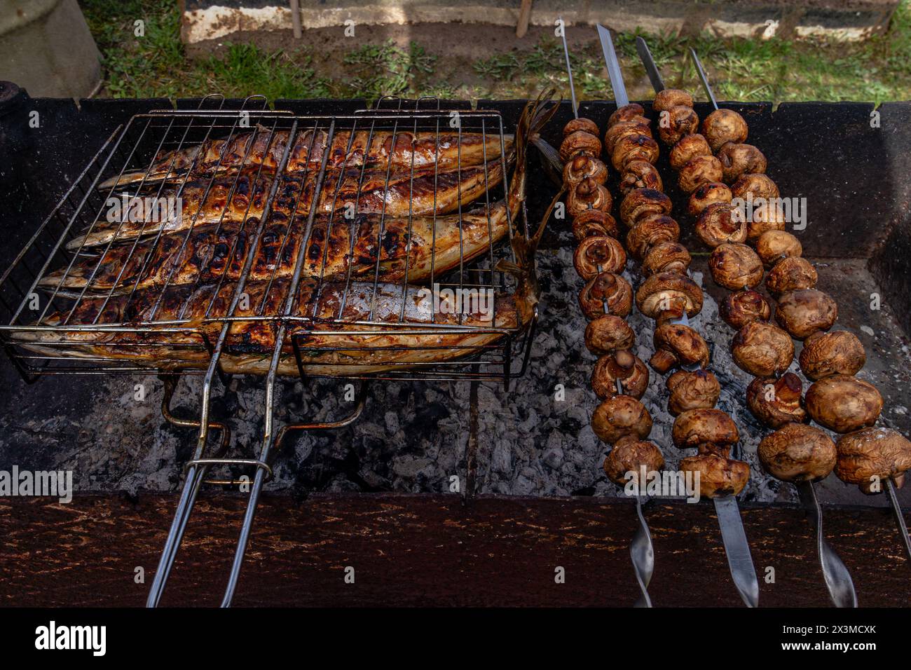 Gegrillter Fisch. Kochen von Fisch auf dem Grillgitter. Stockfoto