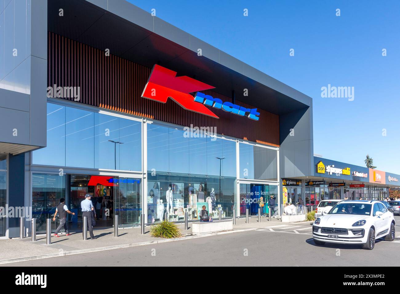 Eintritt zum Kaufhaus Kmart Papanui, Langdons Road, Papanui, Christchurch (Ōtautahi), Canterbury, Neuseeland Stockfoto