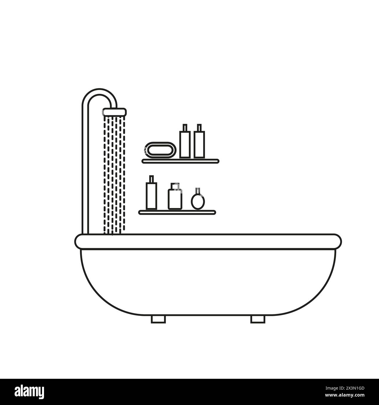 Eine rechteckige Badewanne mit Duschkopf, Regale mit Shampoo- und Seifenflaschen. Die Konstruktion besteht aus parallelen Linien und Kreisen in einer detaillierten li Stockfoto