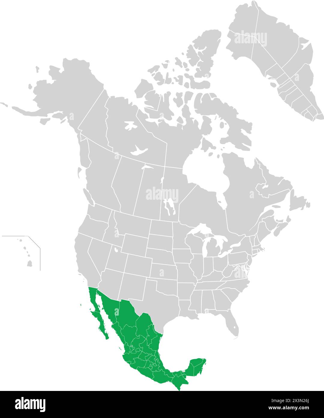 Grüne Karte von MEXIKO in hellgrauer Karte des nordamerikanischen Kontinents Stock Vektor