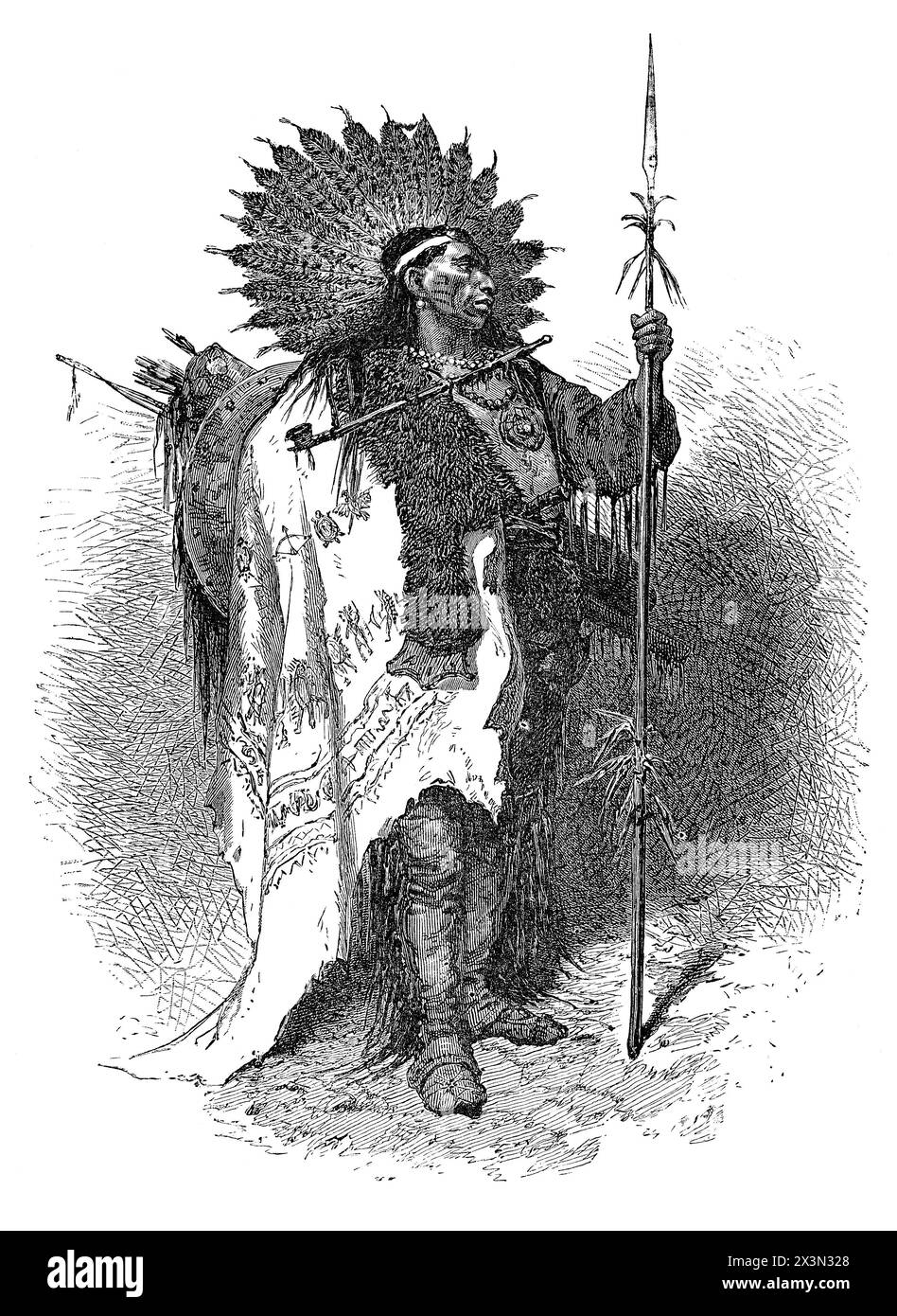 1868 Vintage Gravur eines Häuptlings der Ureinwohner in voller Kriegskleidung - Nation nicht angegeben. Stockfoto