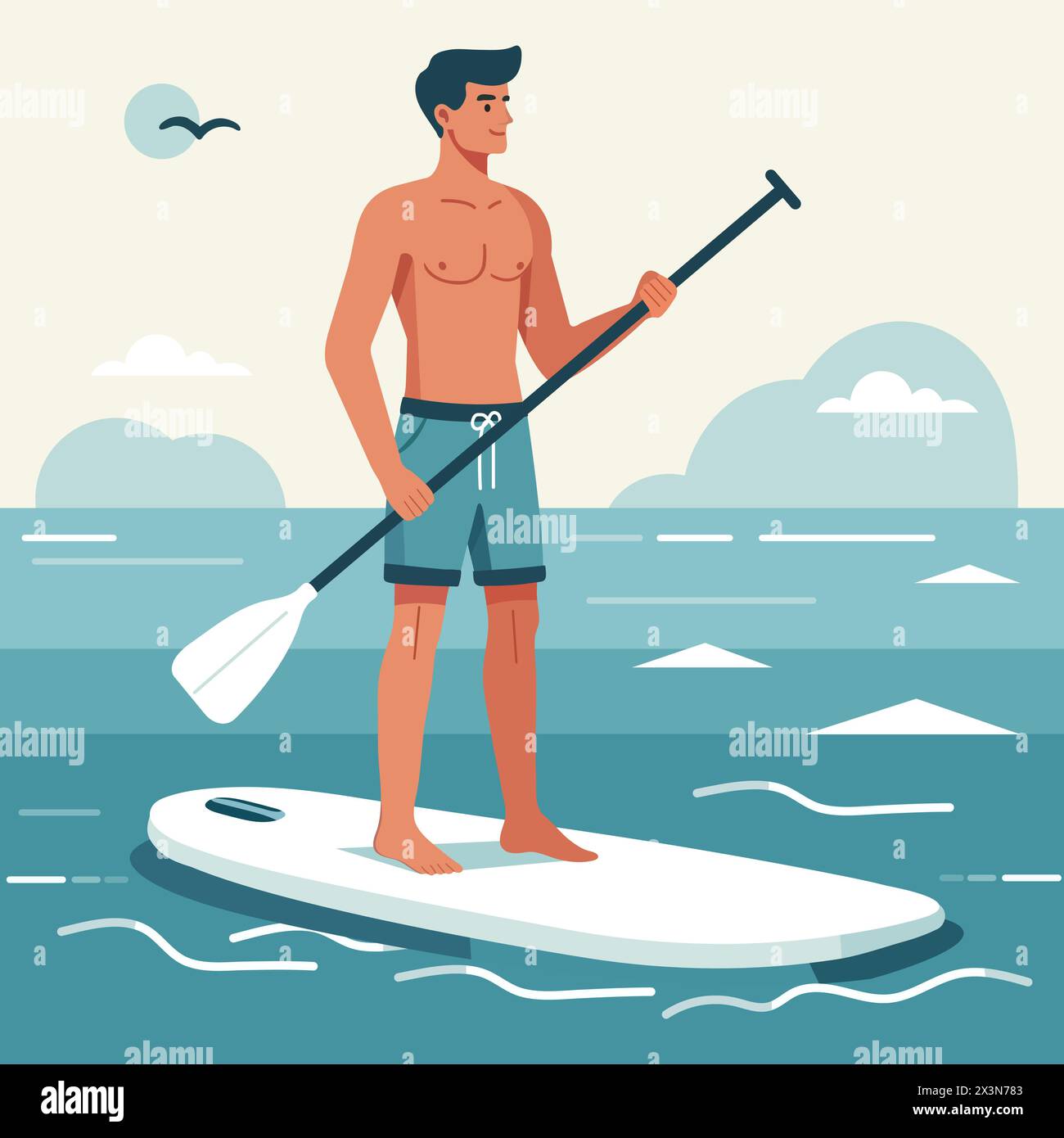 Vektor-Illustration glücklicher athletischer Mann hält Paddel in seinen Händen und steht auf Sup Board. Sommer aktive Erholung auf dem Meer. Stehpaddelbrett. SUP. S Stock Vektor