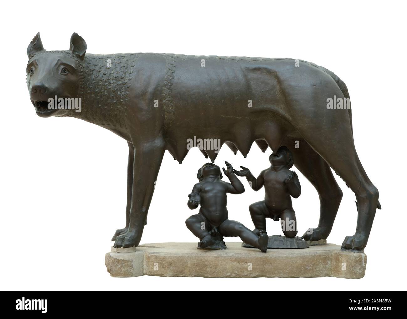 Capitoline Wolf (Lupa Capitolina) - eine Wölfin, die die mythischen Zwillingsgründer von Rom, Romulus und Remus, säugt. - Bronzeskulptur, die eine Szene darstellt Stockfoto