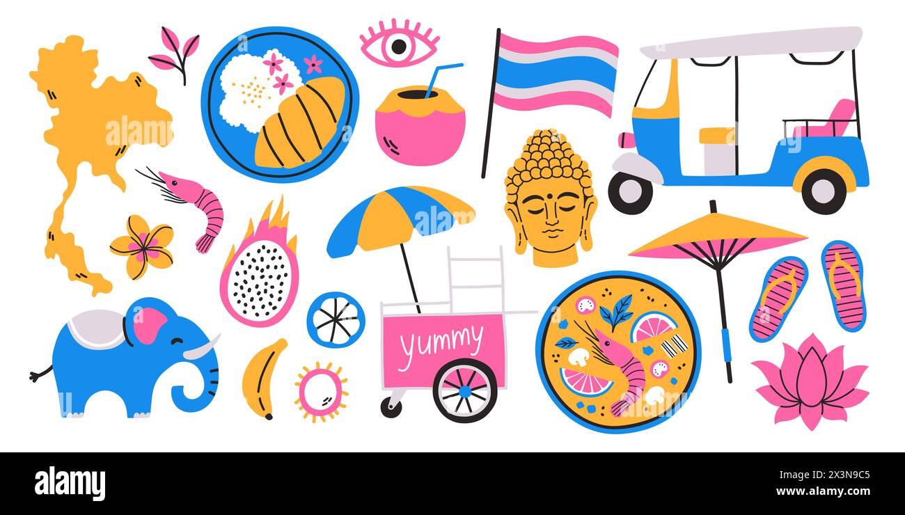 „Reise nach Thailand“-Aufkleber-Set. Doodle Elements Elefant, Karte von Thailand, thailändisches Essen, Buddha Kopf, Lotus, thailändische Früchte. Stock Vektor