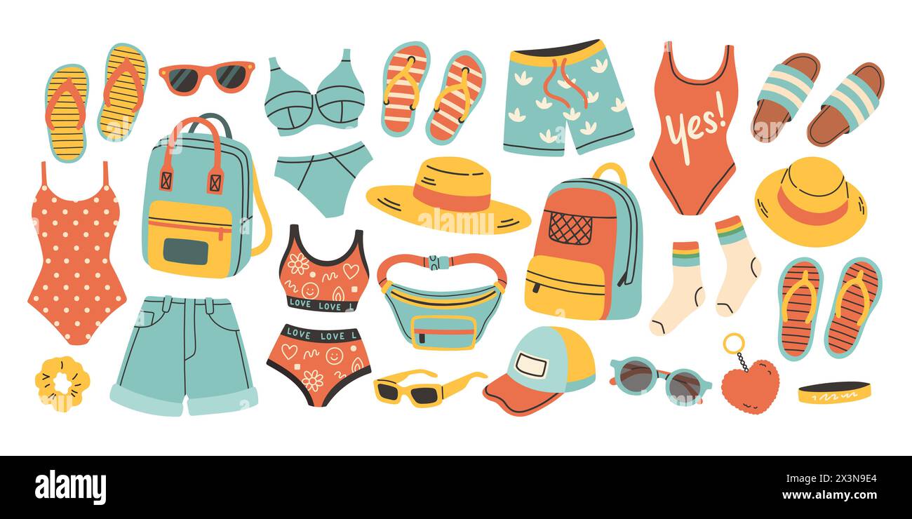 Sommer Kleidung Vektor Set für Aufkleber. Helles Poster im Sommer. Elemente der Kollektion für den Sommerurlaub. Stock Vektor