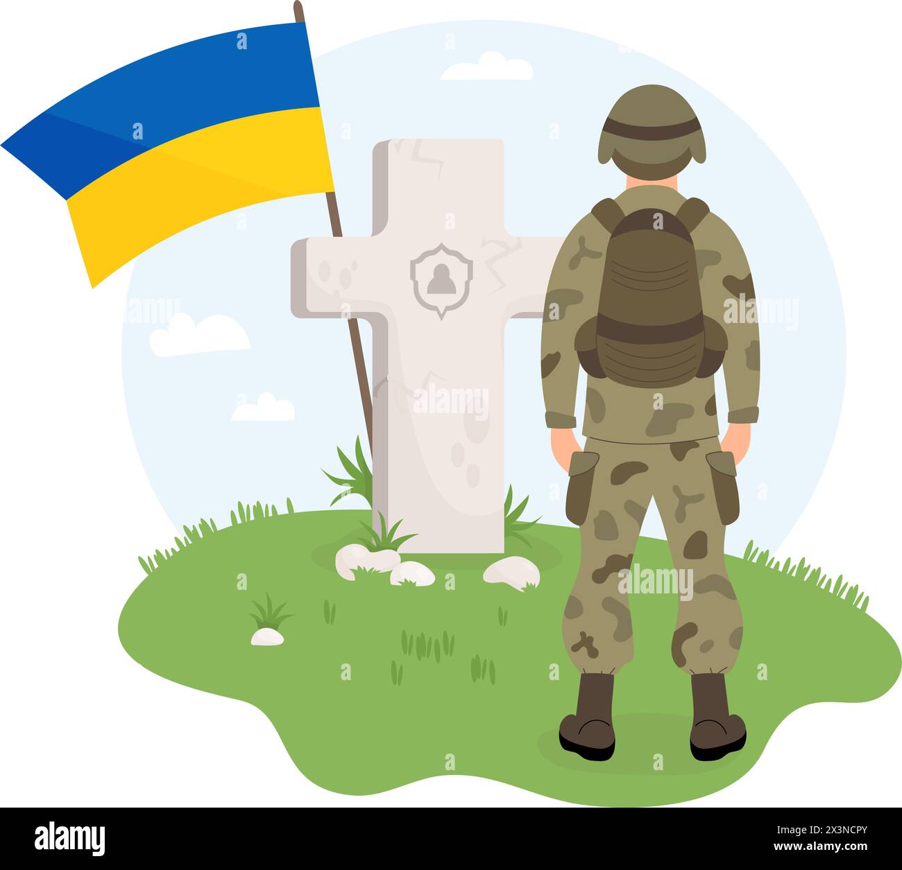 Soldat vor Grabkreuz mit gelb-blauer ukrainischer Flagge im Gras. Memorial Day. Veteranen Militärfriedhof. Vektorabbildung in fl Stock Vektor