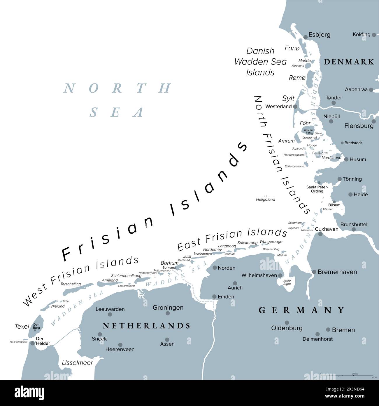 Friesische Inseln, graue politische Karte. Wattenmeerinseln, Archipel an der Nordsee in Europa, erstreckt sich von den Niederlanden über Deutschland bis Dänemark. Stockfoto