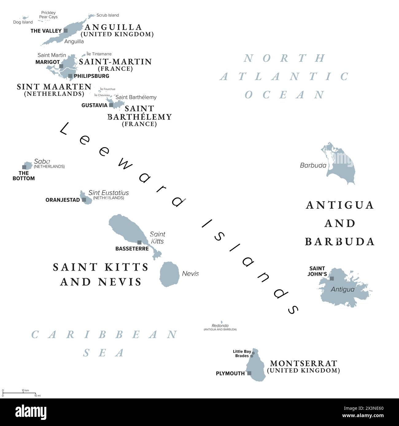 Von Anguilla bis Montserrat, graue politische Karte. Karibische Inseln, Teil der Leeward Islands und der Kleinen Antillen. Stockfoto