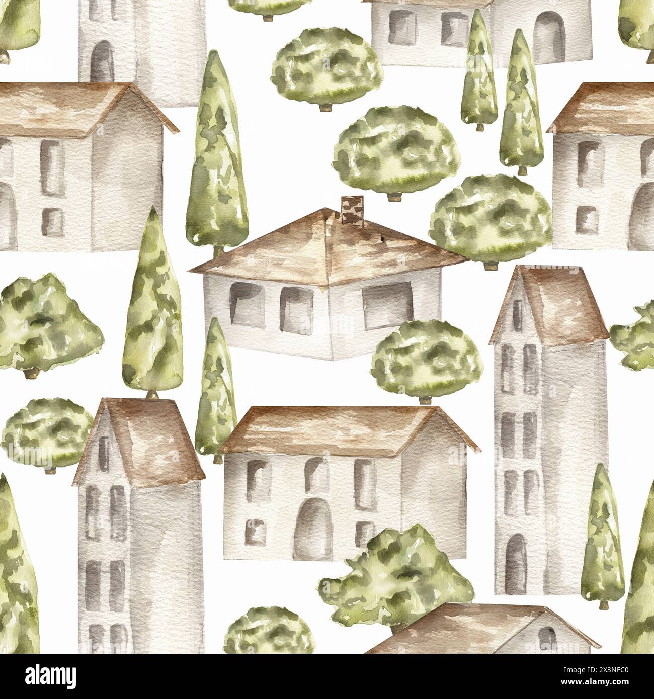 Aquarellmuster mit Ornamenten italienischer Häuser und Olivenbäume, Sizilien wiederholen Muster Illustration isoliert auf weiß Stockfoto