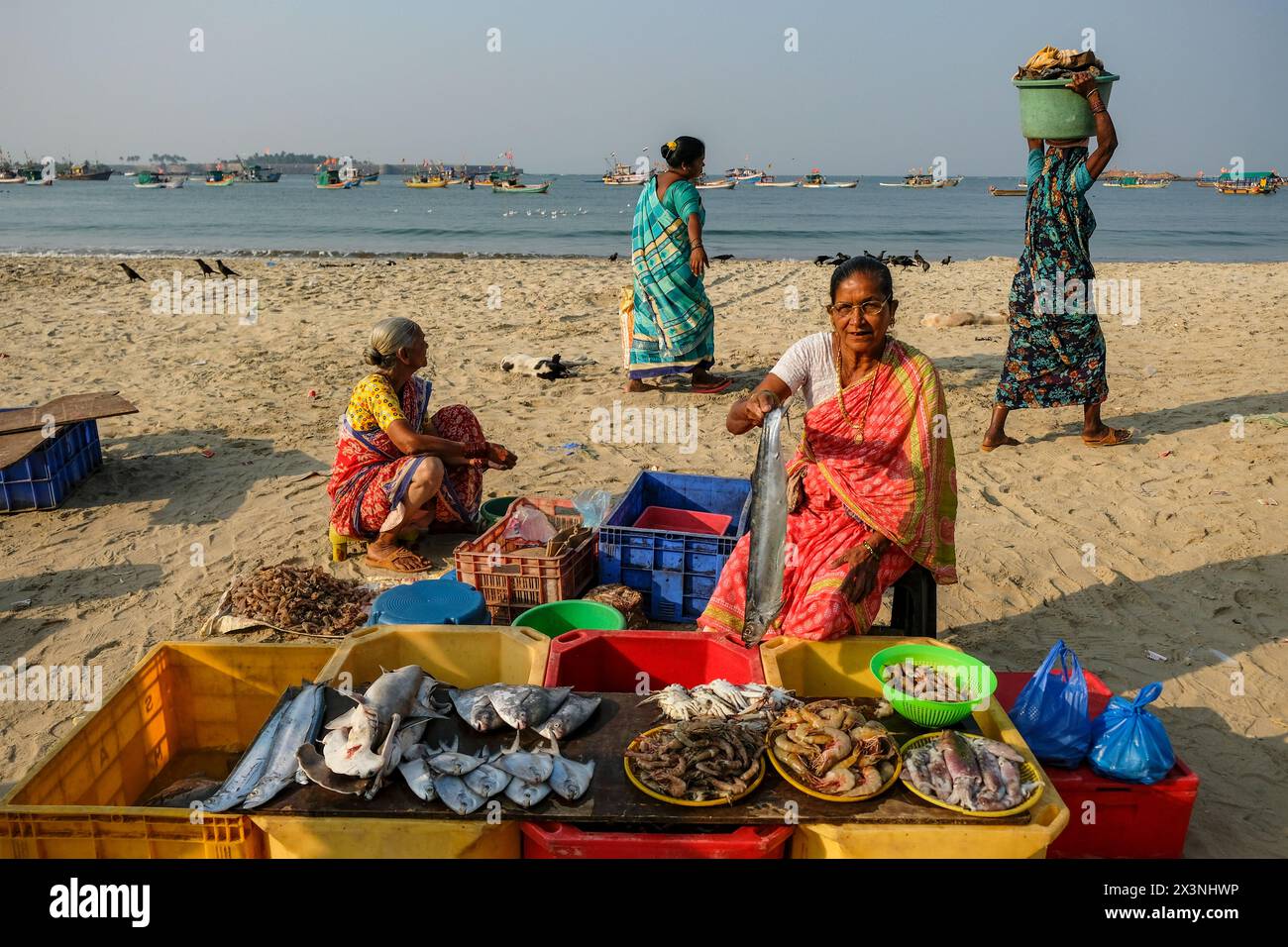 Malvan, Indien - 7. Februar 2024: Frauen verkaufen Fisch auf dem Malvan Fischmarkt in Maharashtra, Indien. Stockfoto