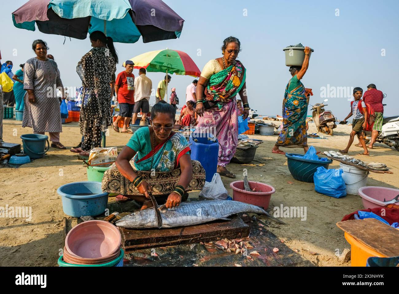 Malvan, Indien - 7. Februar 2024: Frauen verkaufen Fisch auf dem Malvan Fischmarkt in Maharashtra, Indien. Stockfoto