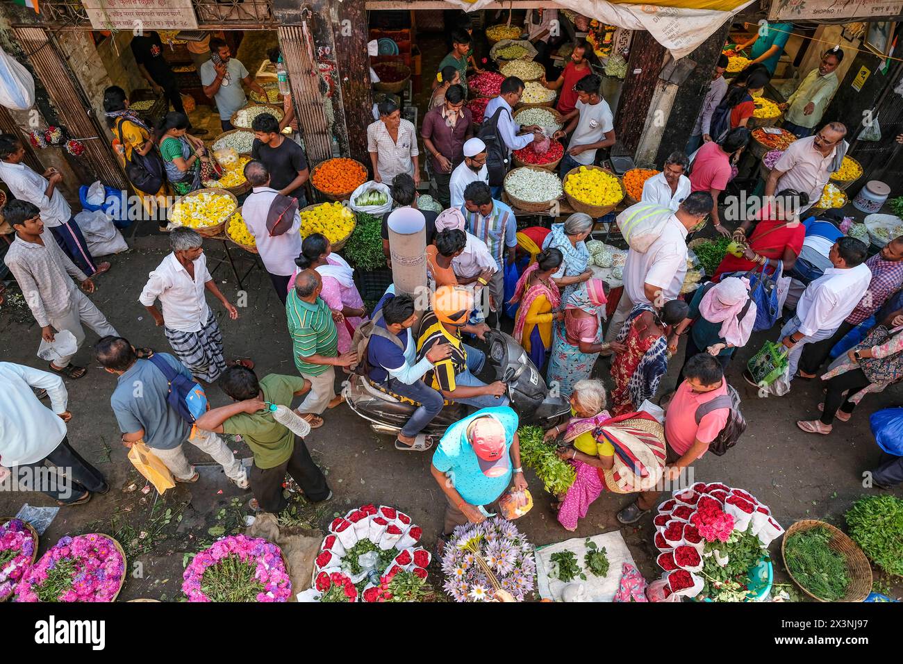 Mumbai, Indien - 23. Februar 2024: Menschen kaufen Blumen auf dem Dadar Flower Market in Mumbai, Indien. Stockfoto